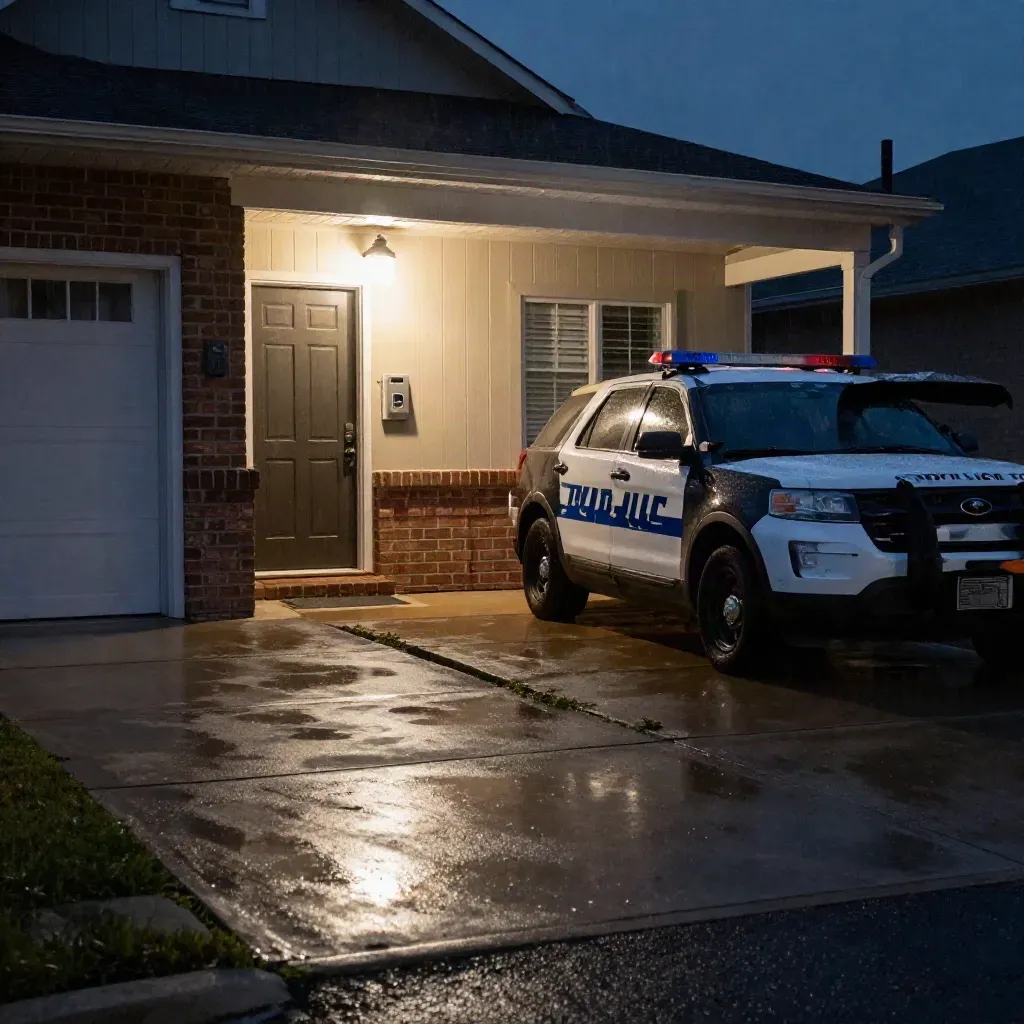 Patrol SUV by a quiet suburban home after an alarm response, wet driveway and porch light