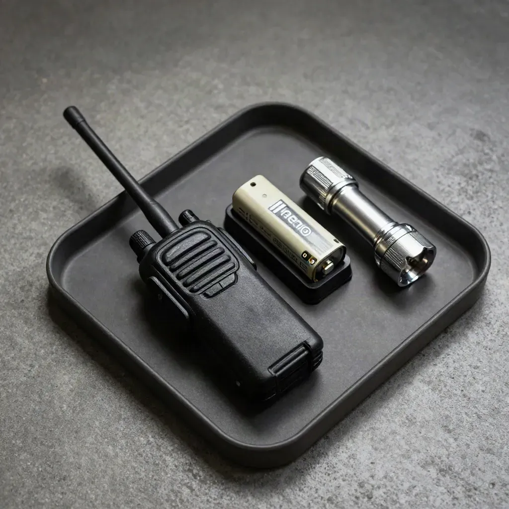 Overhead flatlay of a radio, battery, flashlight, and key fob on concrete