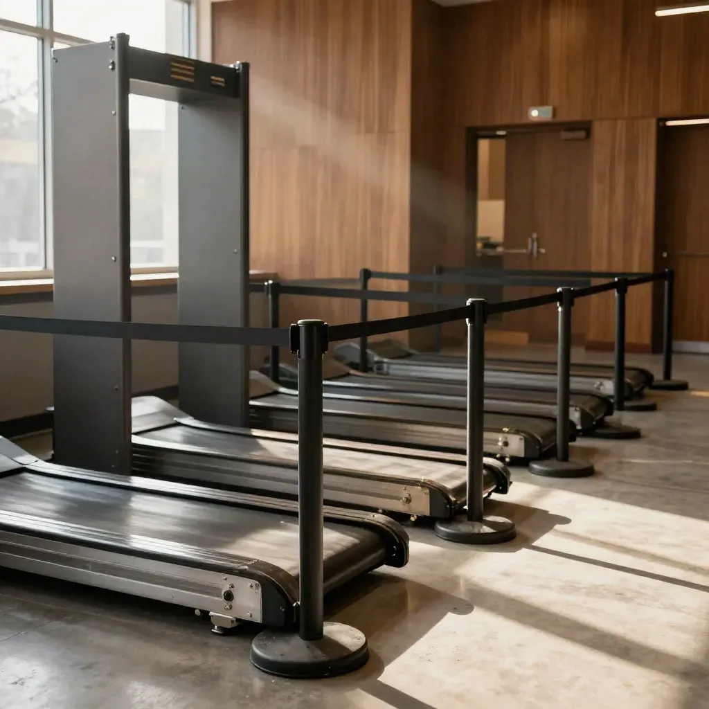 Empty event security lane with belts, metal detector arch, and barriers in warm light