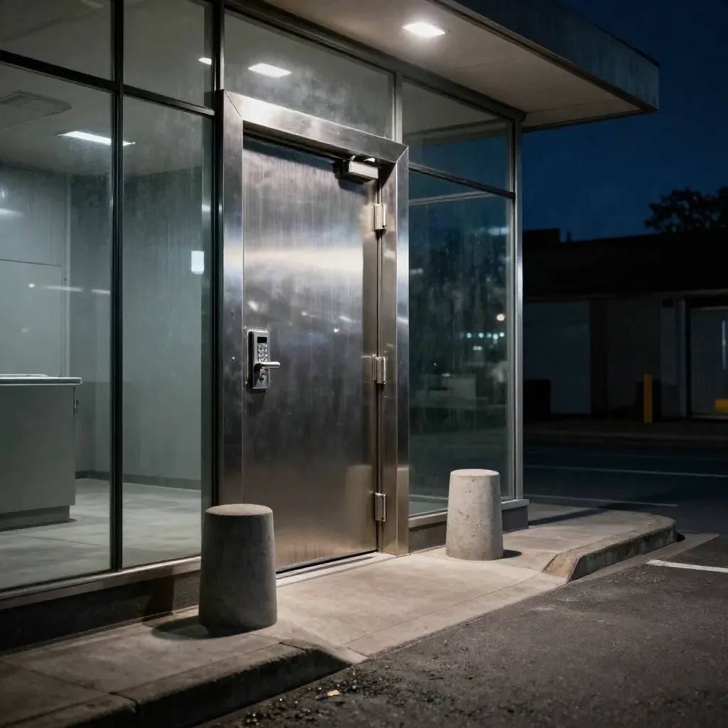 Reinforced cash-room entrance with steel door, bollards, and ballistic glass under floodlight