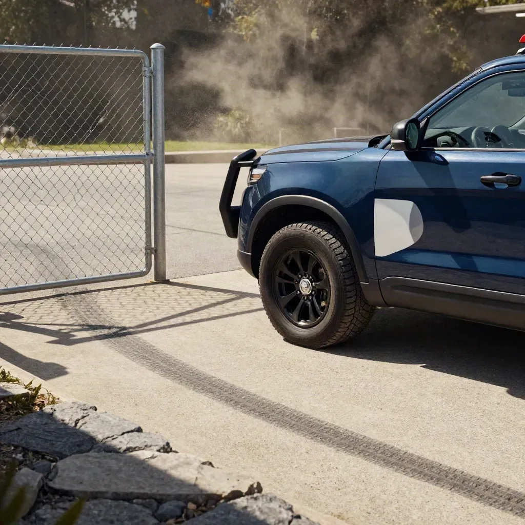 Patrol SUV pauses by a chain-link gate, dust hanging in hard sunlight.