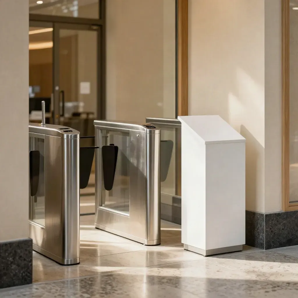 Bright lobby turnstile, visitor pedestal, and stanchion base on polished stone floor.