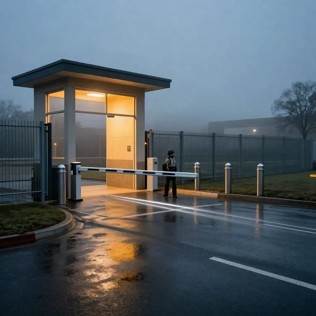 Rainy blue-hour security gatehouse with barriers, bollards and amber reflections