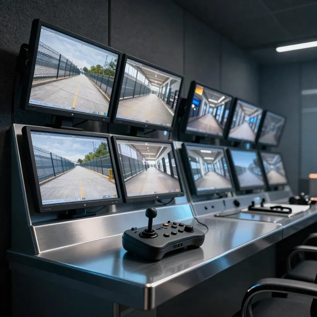 Dark CCTV control wall with monitors, joystick controller, and headset dock in a security room.