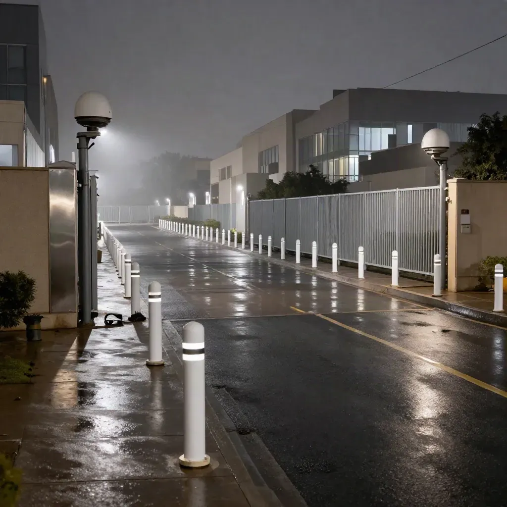 Empty office park drive at dusk with lit bollards, closed gates, CCTV domes, and wet asphalt