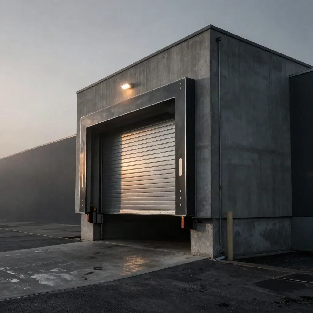 Sealed retail loading dock with reinforced roll-up door, fog, and amber floodlights before dawn.