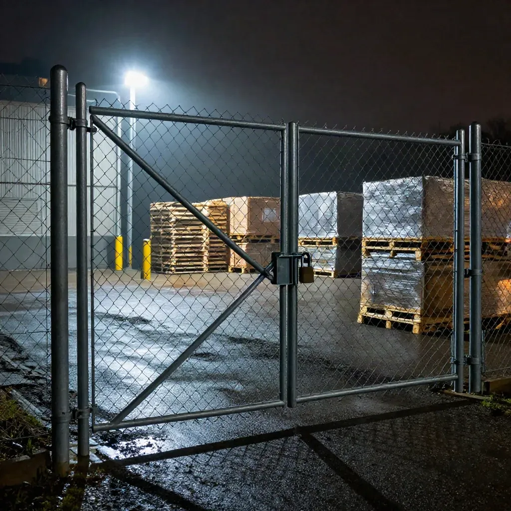 Locked warehouse gate at night with floodlights, pallets, and wet asphalt