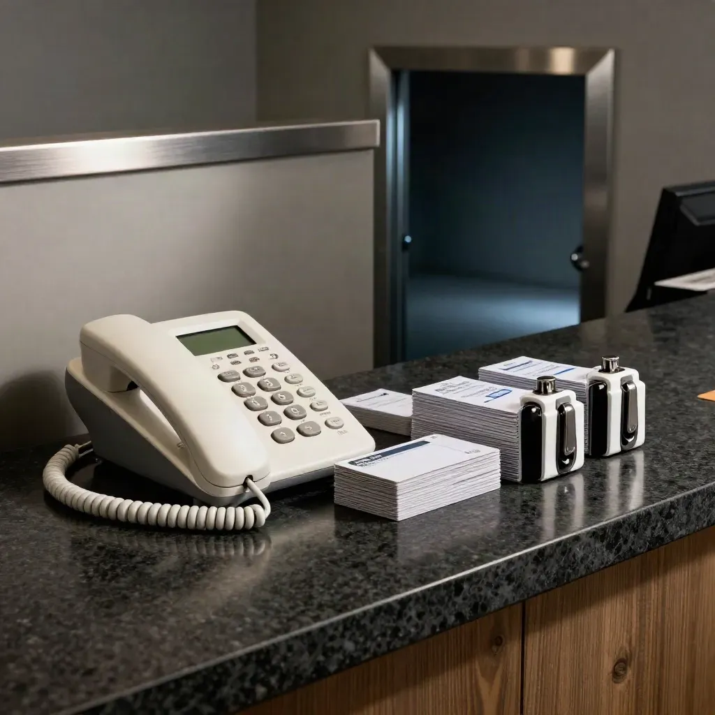Pristine desk phone, access cards, and polished badge reels on dark stone.