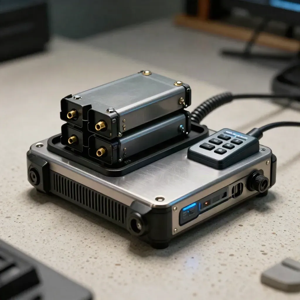 Macro of a security radio base, battery stack, charger, and dispatch console on travertine.