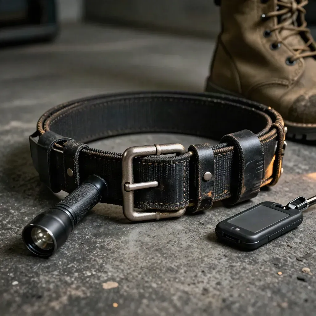 Duty belt with flashlight, baton, radio clip and vehicle fob on a boot mat.