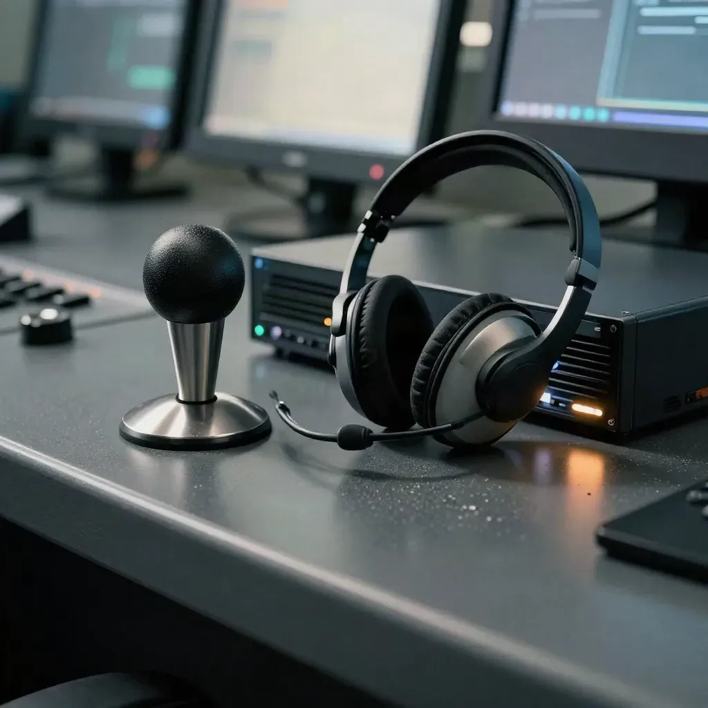 CCTV joystick, headset dock and DVR unit glowing softly in a security control room