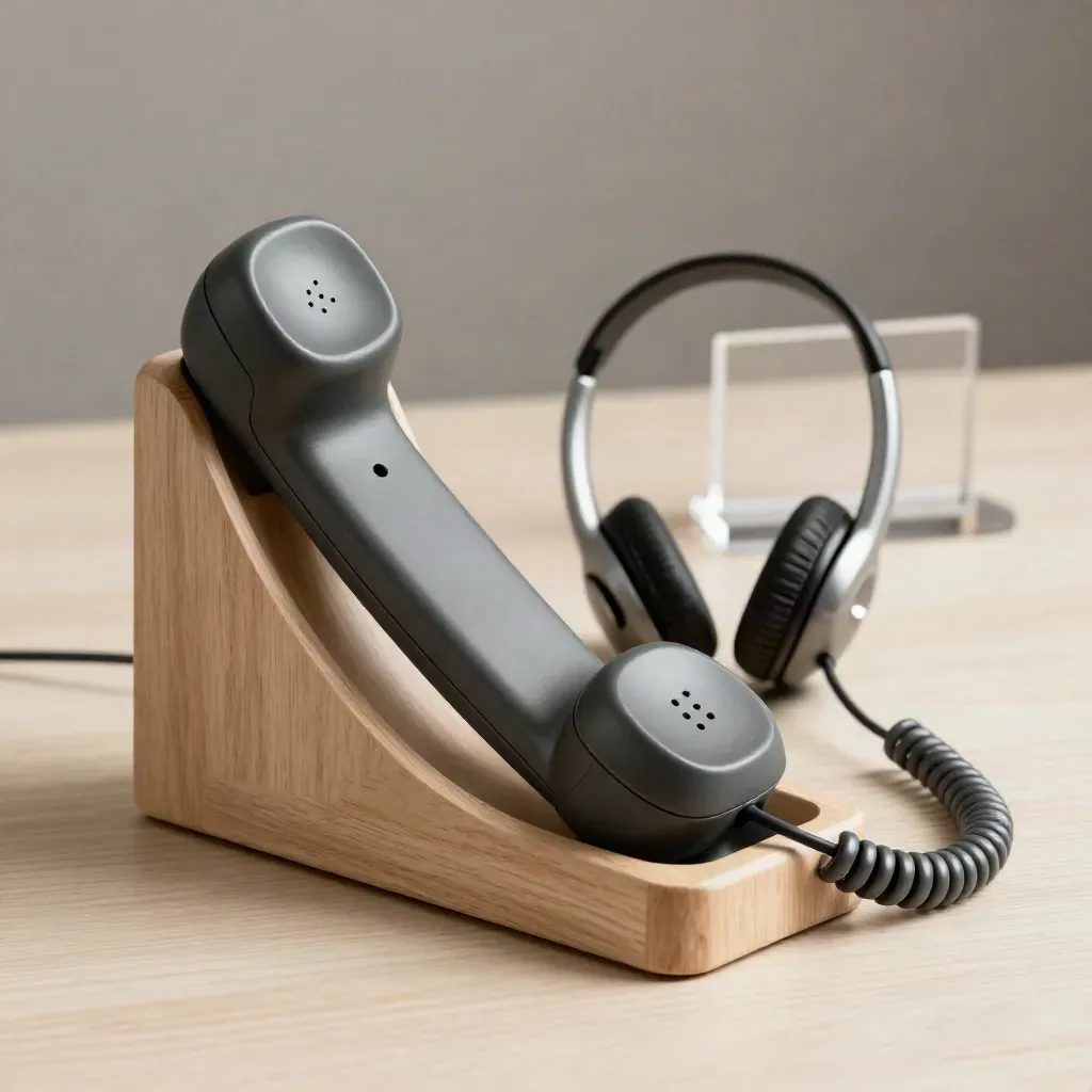 Macro still-life of a phone handset, charging cradle, and headset base on pale wood.