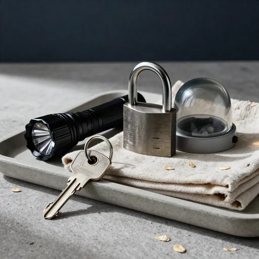 Gate key ring, flashlight, padlock, and dome security housing on a concrete tray.