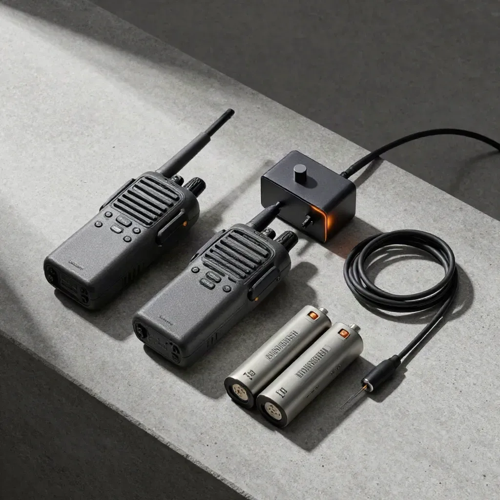 Overhead security shift kit with radios, batteries, earpieces and charger on concrete.