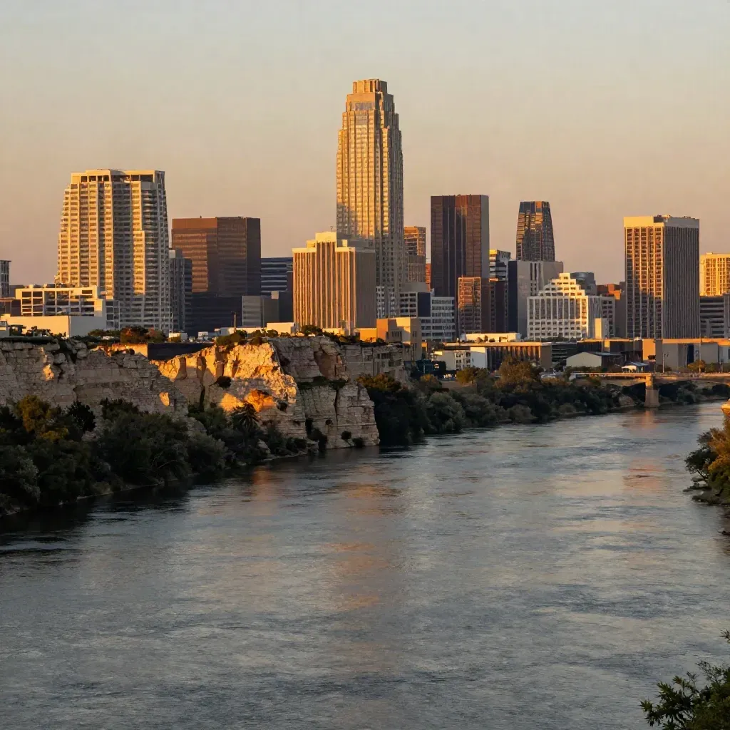 Austin skyline over the Colorado River at golden hour with limestone bluffs and calm water