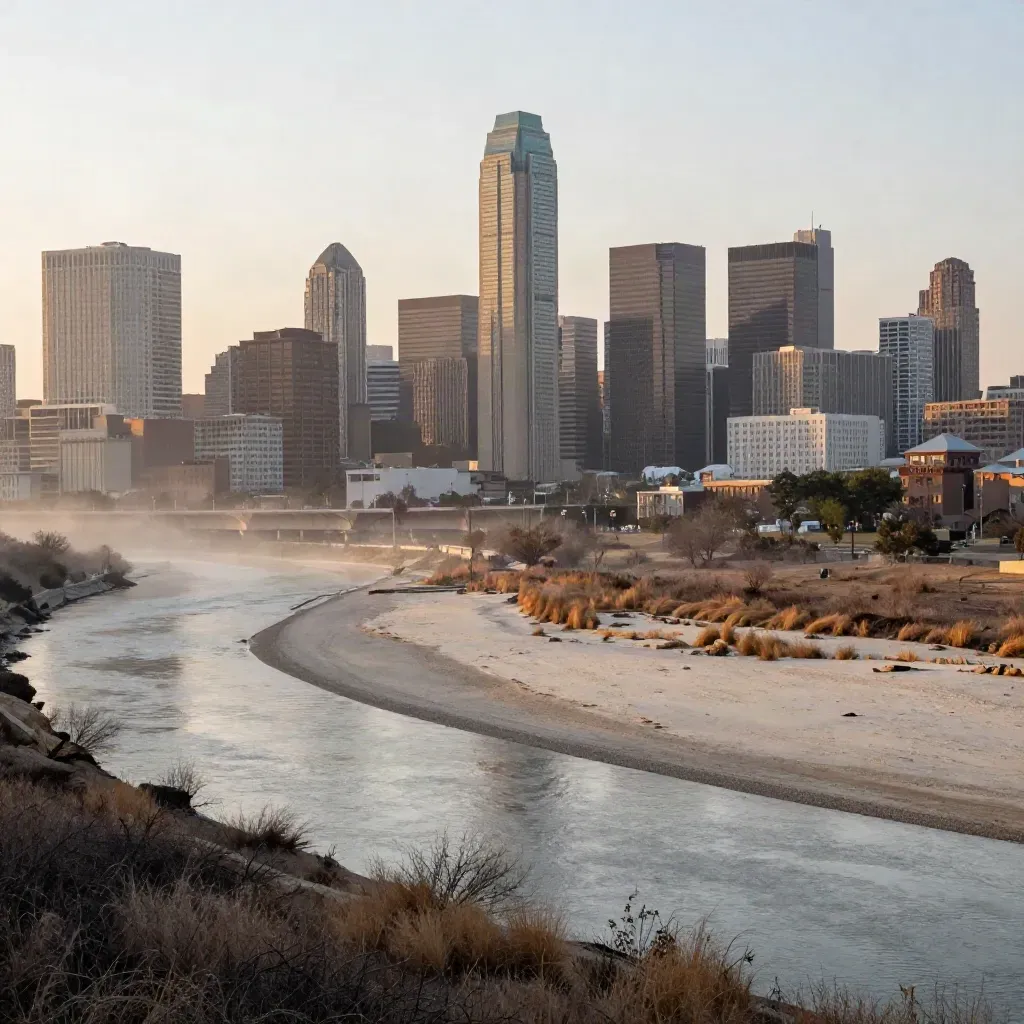 Dallas skyline with Reunion Tower above the Trinity floodplain at dusk, calm foreground for copy.