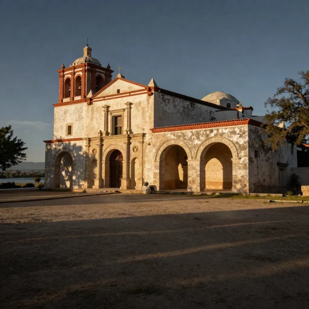 Sunlit San Antonio mission arches above a hazy river valley with calm foreground for copy