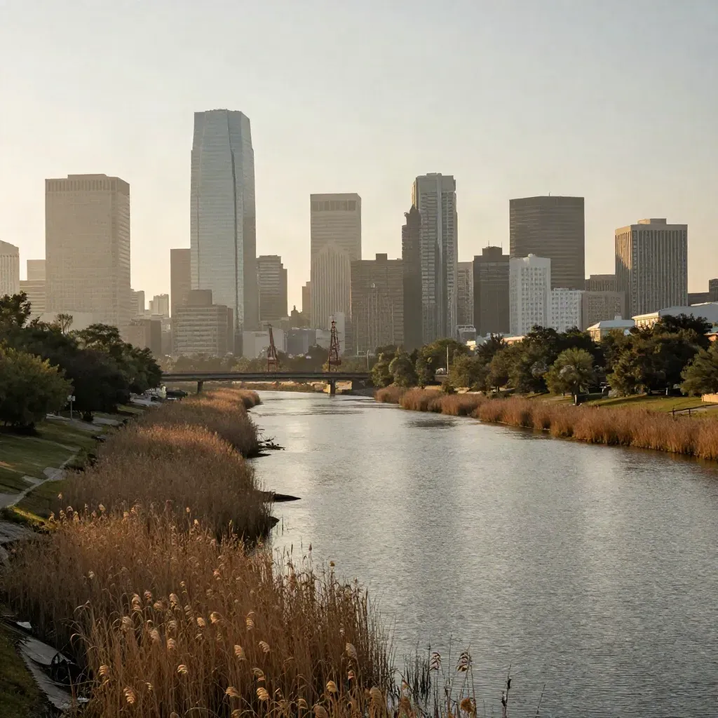 Houston skyline over hazy bayou at golden hour with calm foreground water and reeds.